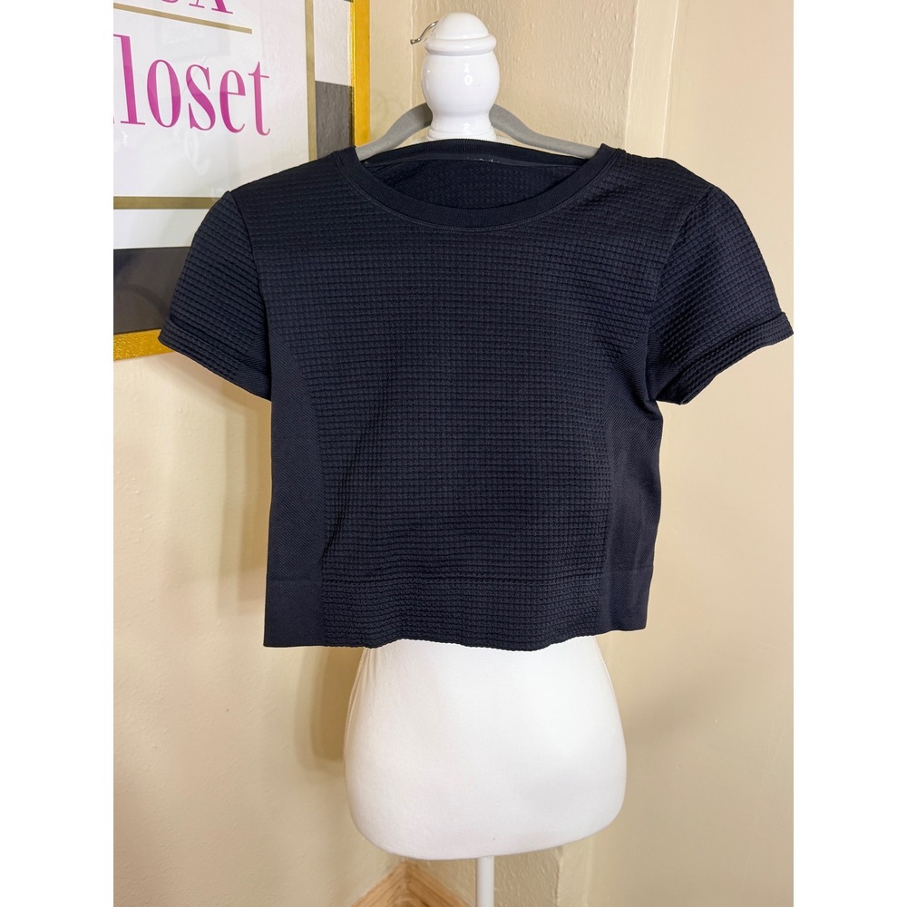All in Motion Womens Black Textured Waffle Knit Seamless Short Sleeve Crop Top
